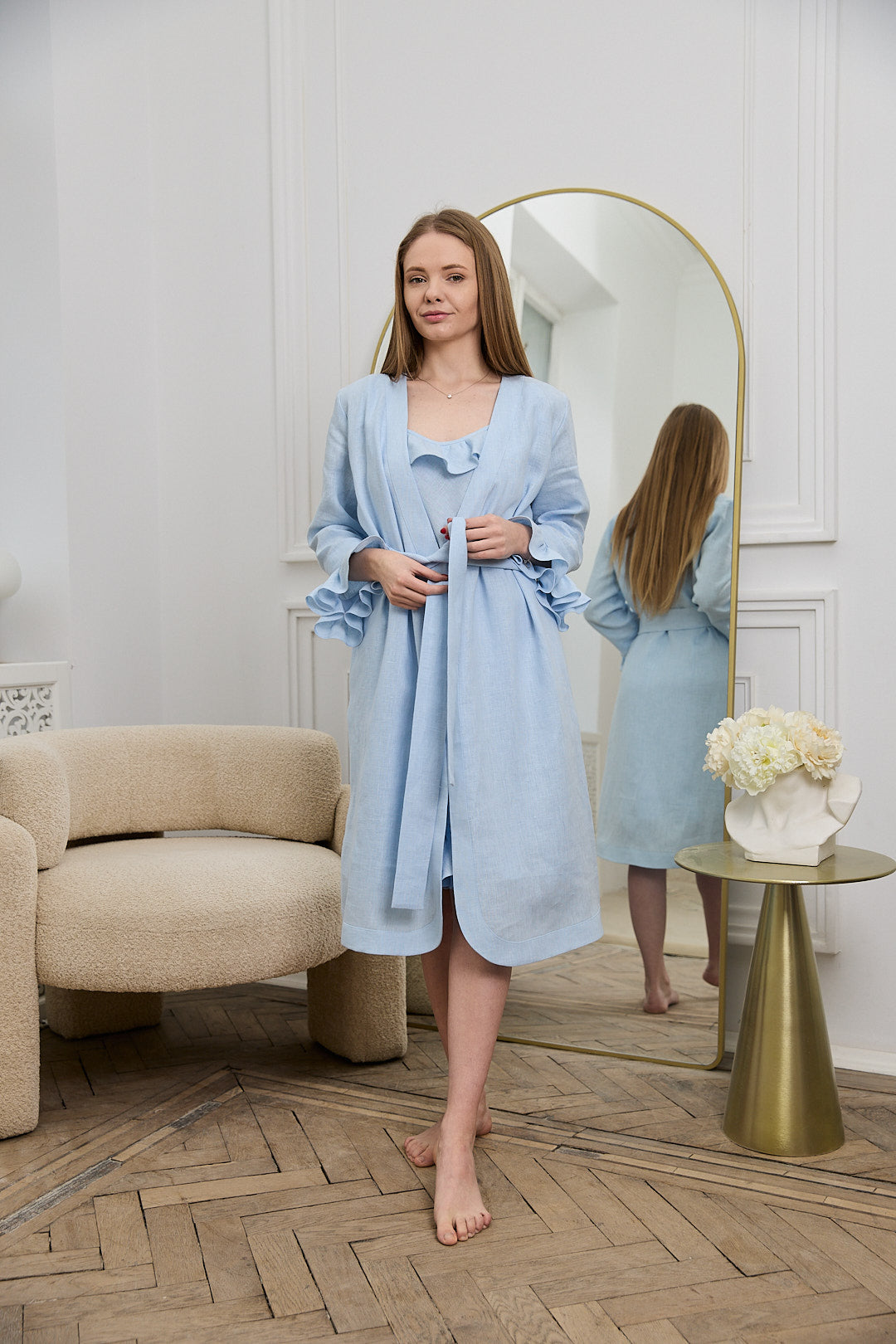 Women's Mid-Length Linen Robe with Ruffled Sleeves