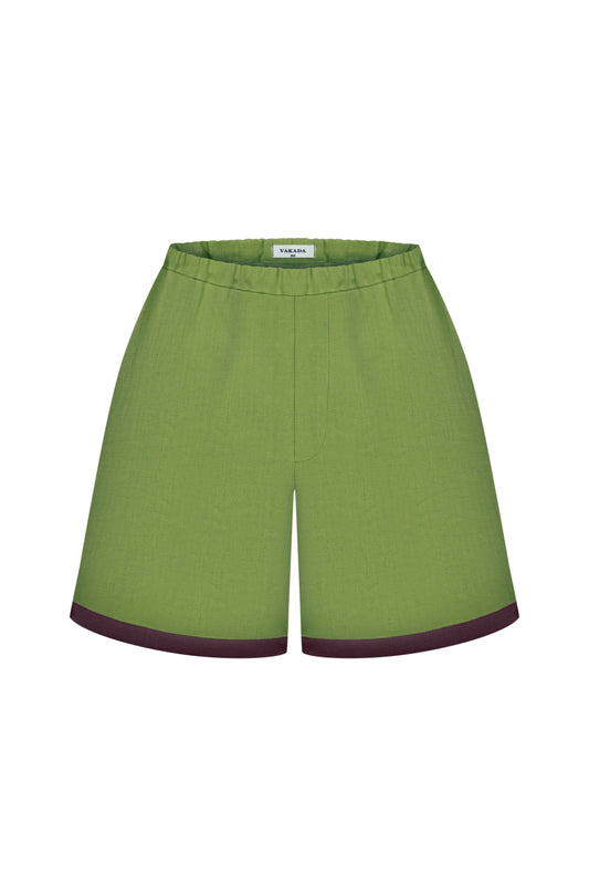 Light Green Women's Linen Shorts With Brown Trim