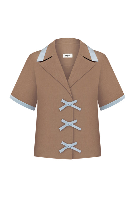 Light Brown Women's Linen Short Sleeve Shirt With Bows