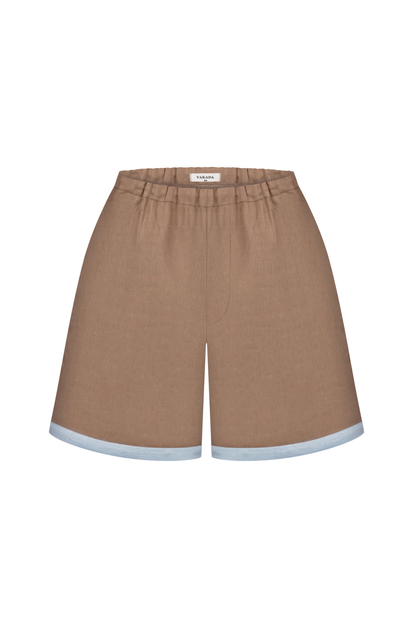 Light Brown Women's Linen Shorts With Blue Trim