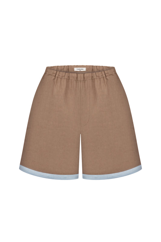 Light Brown Women's Linen Shorts With Blue Trim