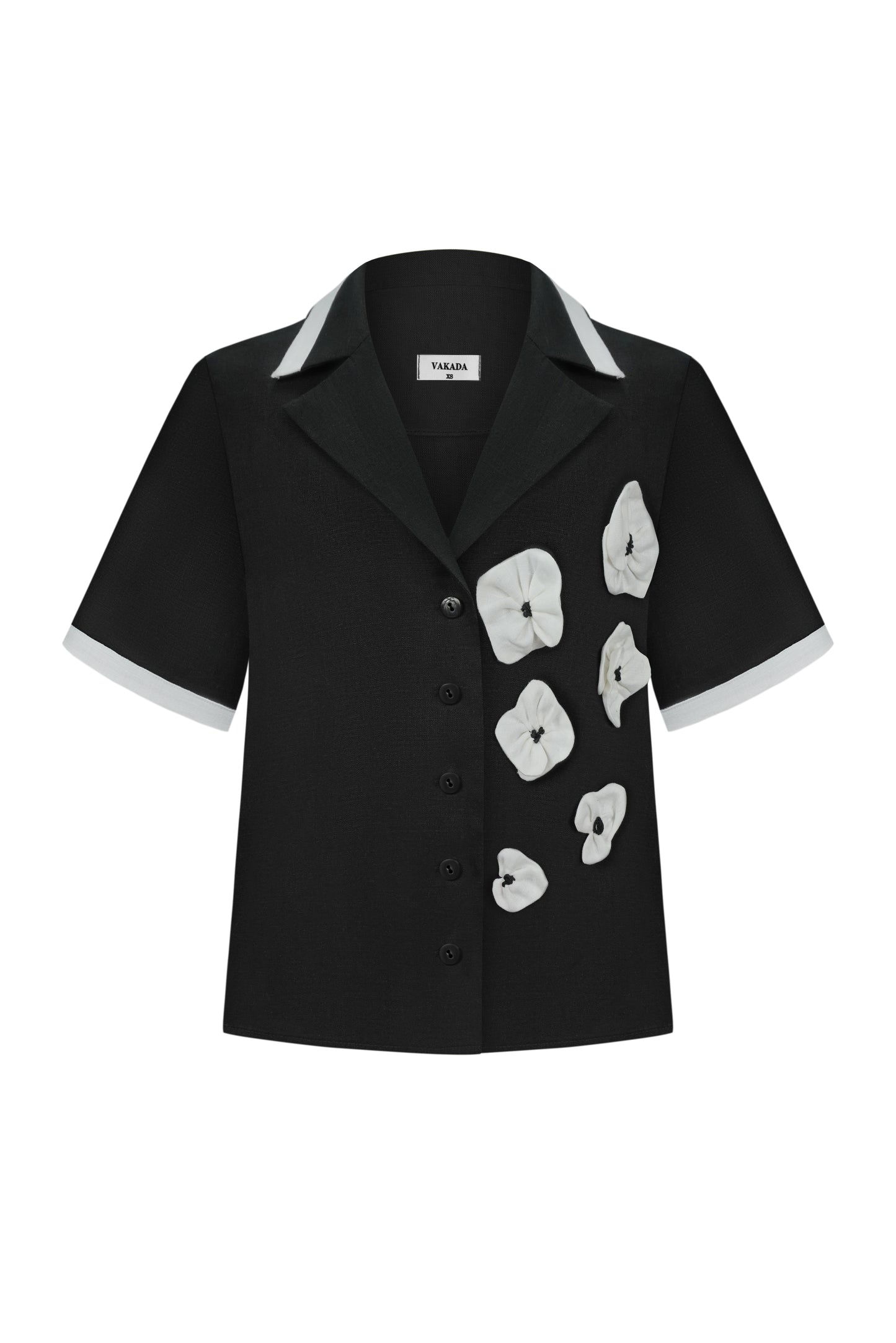 Black Women's Linen Short Sleeve Shirt with Flowers