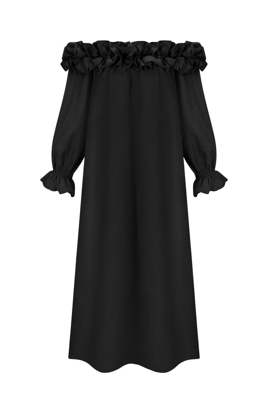 Black Linen Monica Maxi Dress with Ruffles