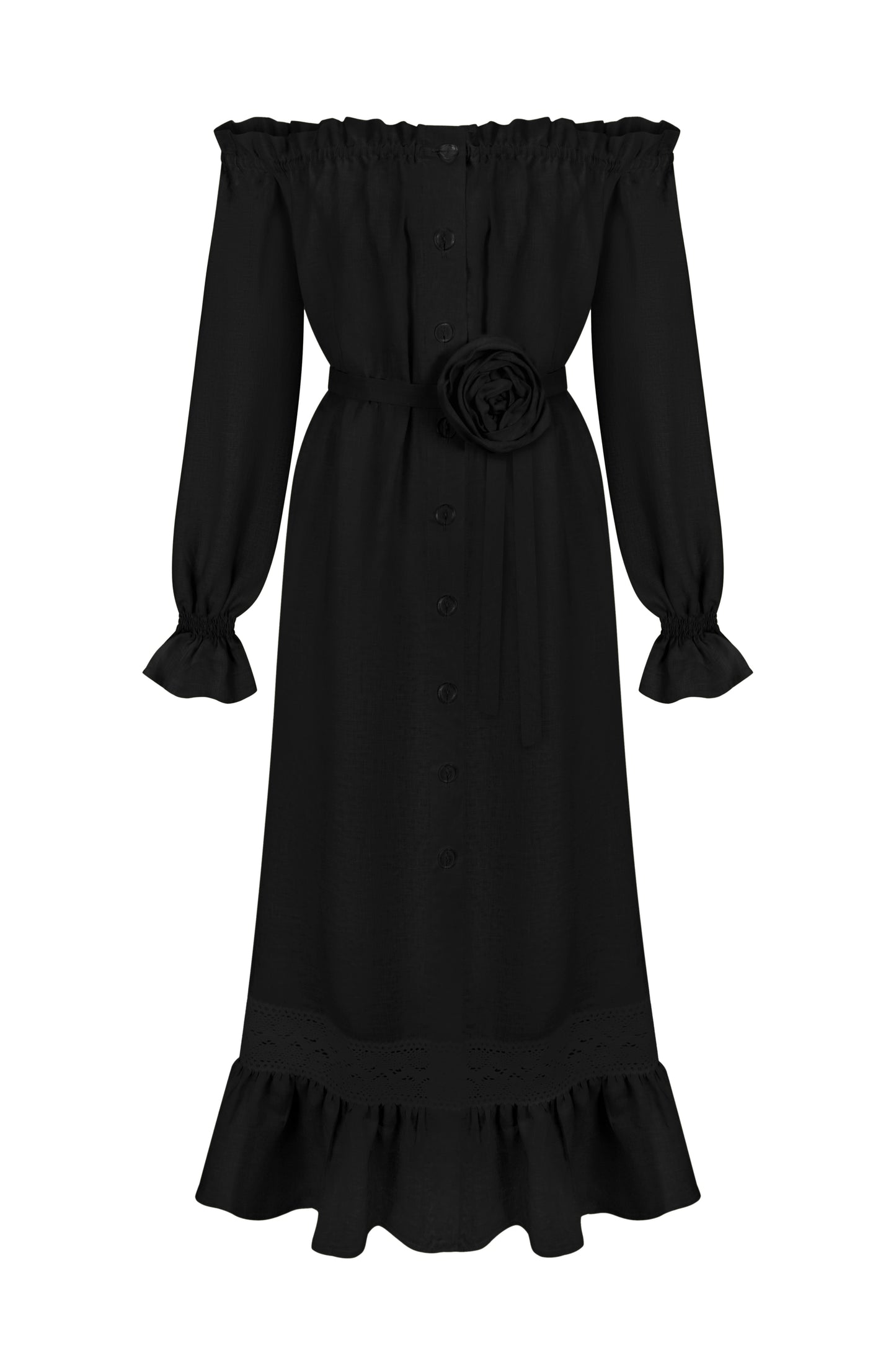 Lolita Linen Dress with Rose Detail in Black