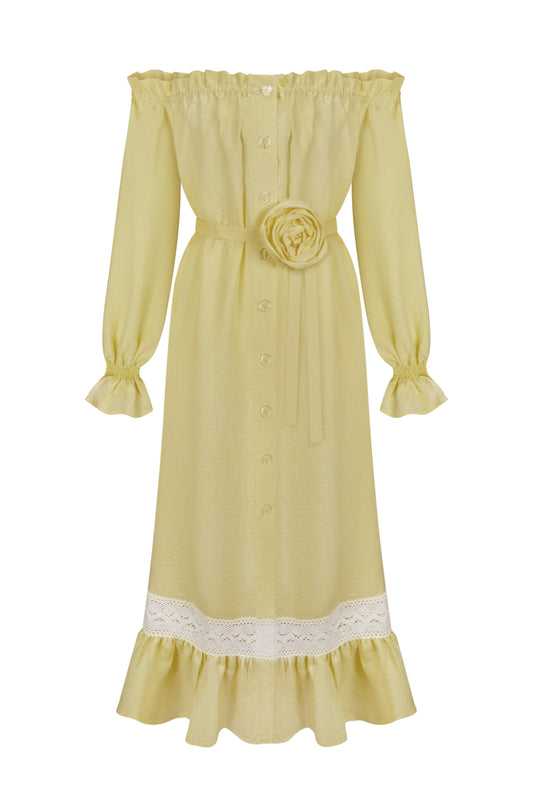 Lolita Linen Dress with Rose Detail in Yellow