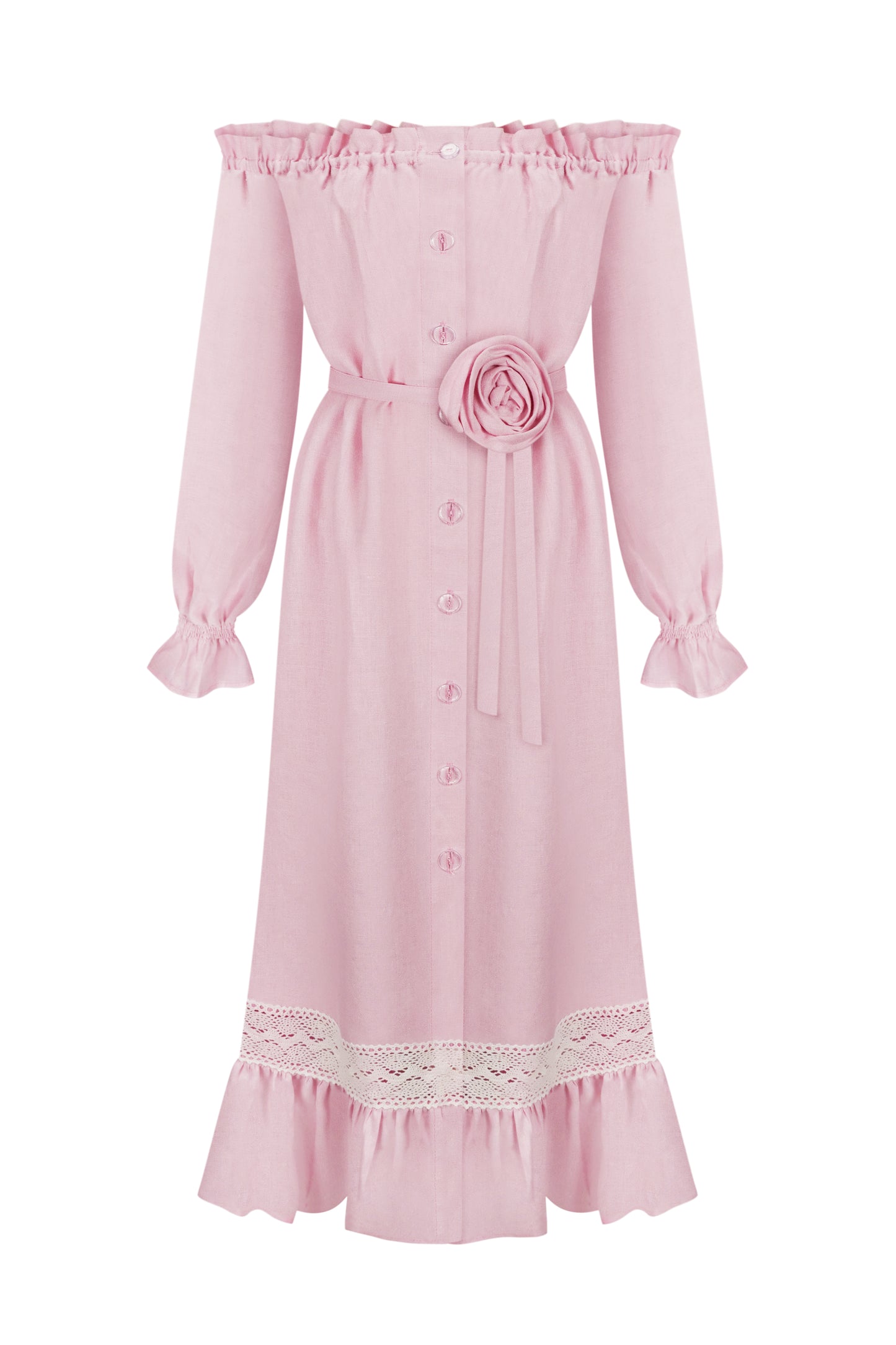 Lolita Linen Dress with Rose Detail in Pink