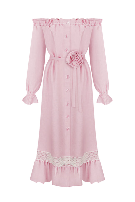 Lolita Linen Dress with Rose Detail in Pink