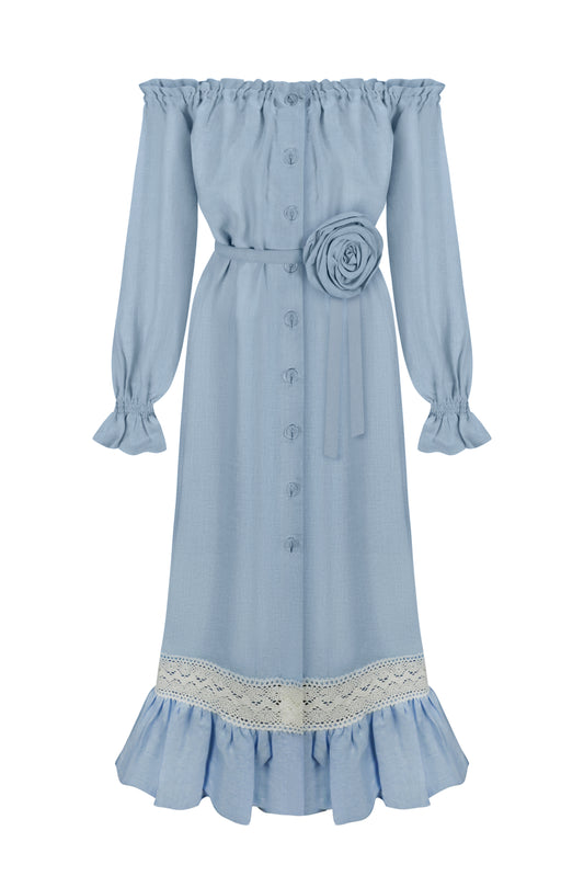 Lolita Linen Dress with Rose Detail in Blue