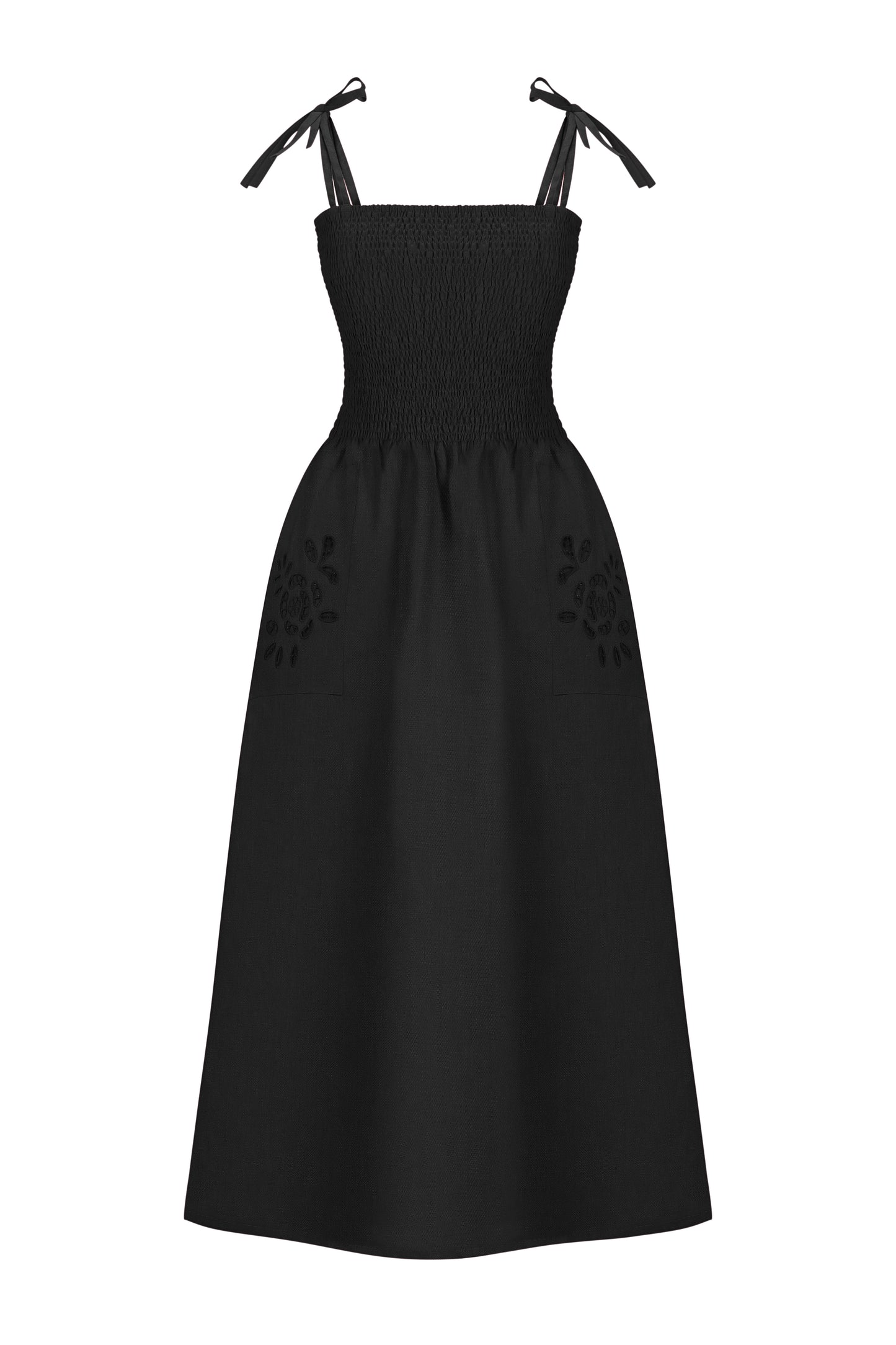 Black Linen Dress with Rose Embroidery and Thin Straps