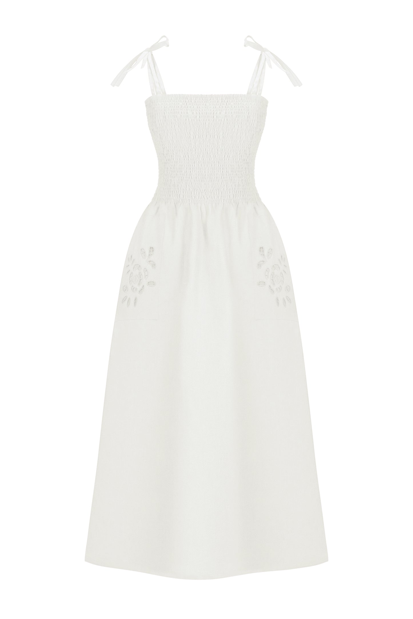 Ivory Linen Dress with Rose Embroidery and Thin Straps