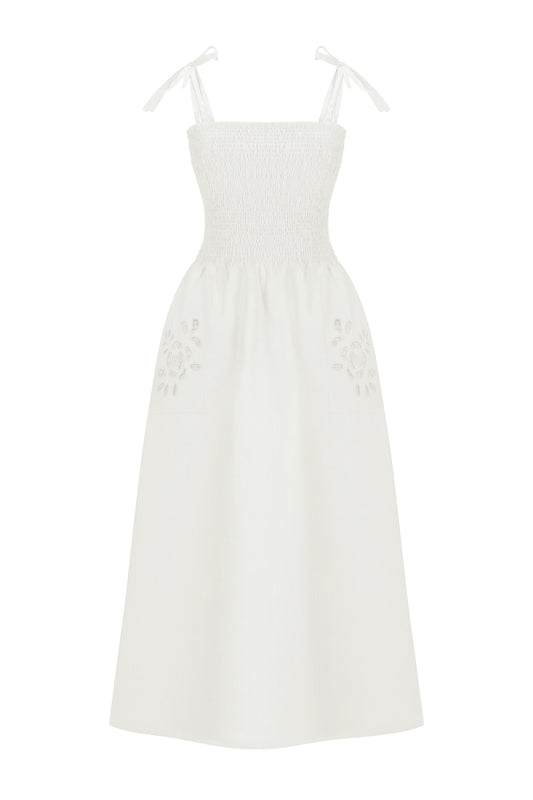 Ivory Linen Dress with Rose Embroidery and Thin Straps