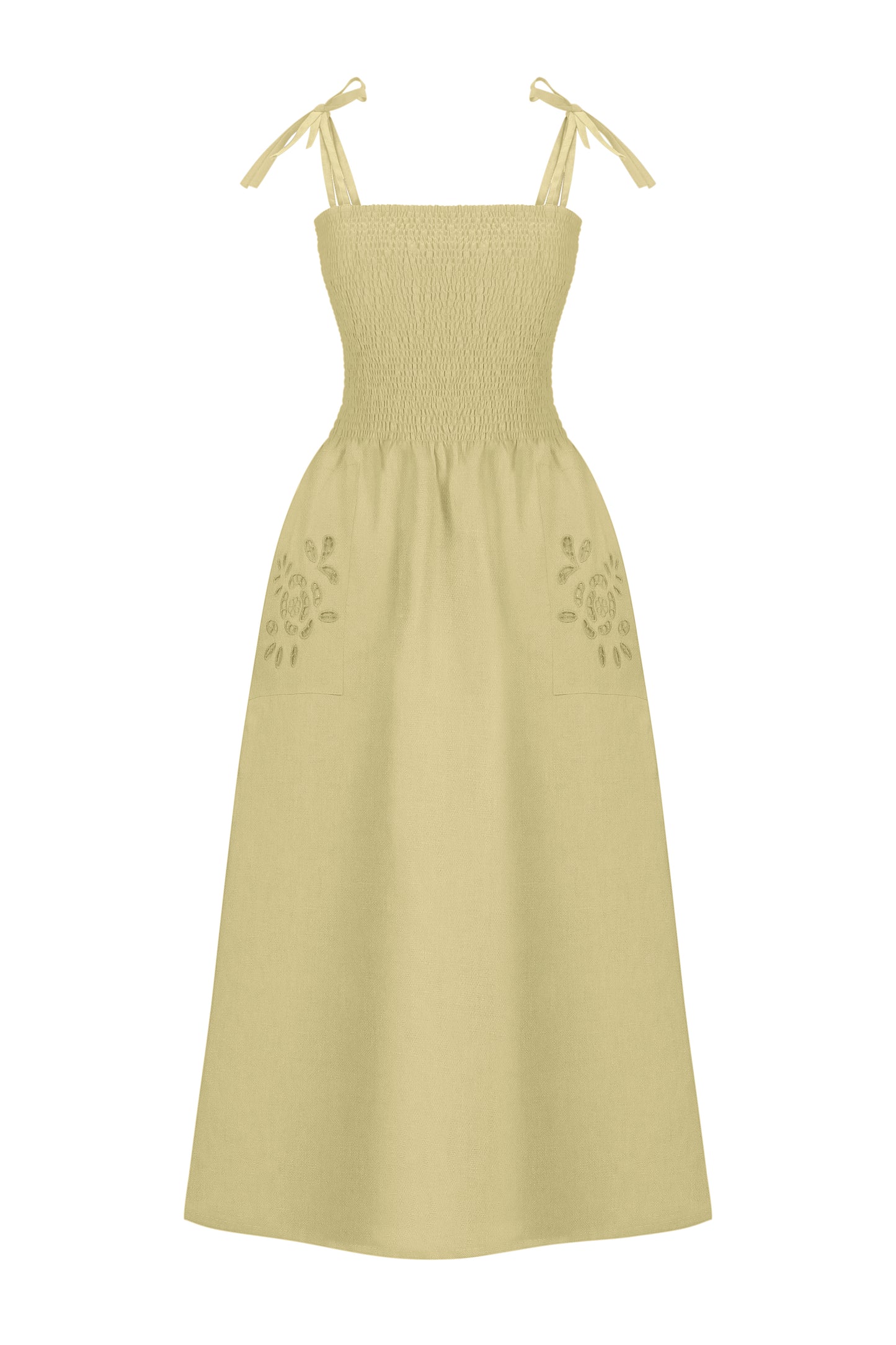 Yellow Linen Dress with Rose Embroidery and Thin Straps