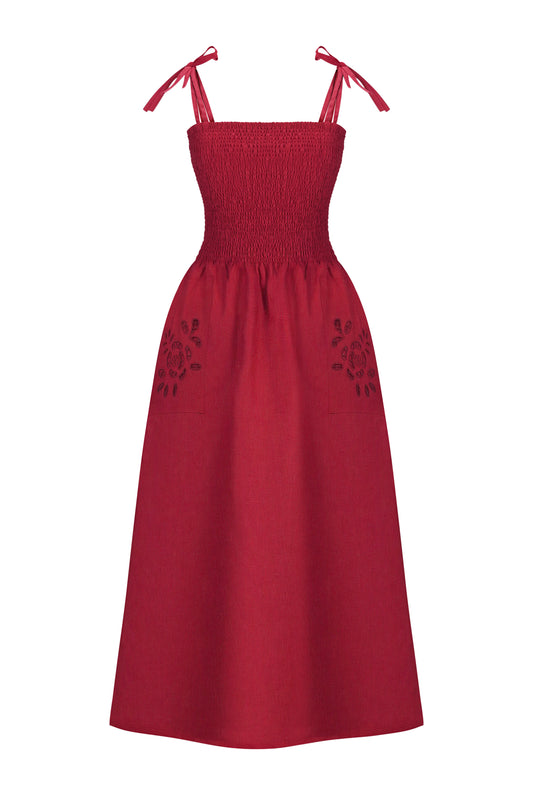 Red Linen Dress with Rose Embroidery and Thin Straps