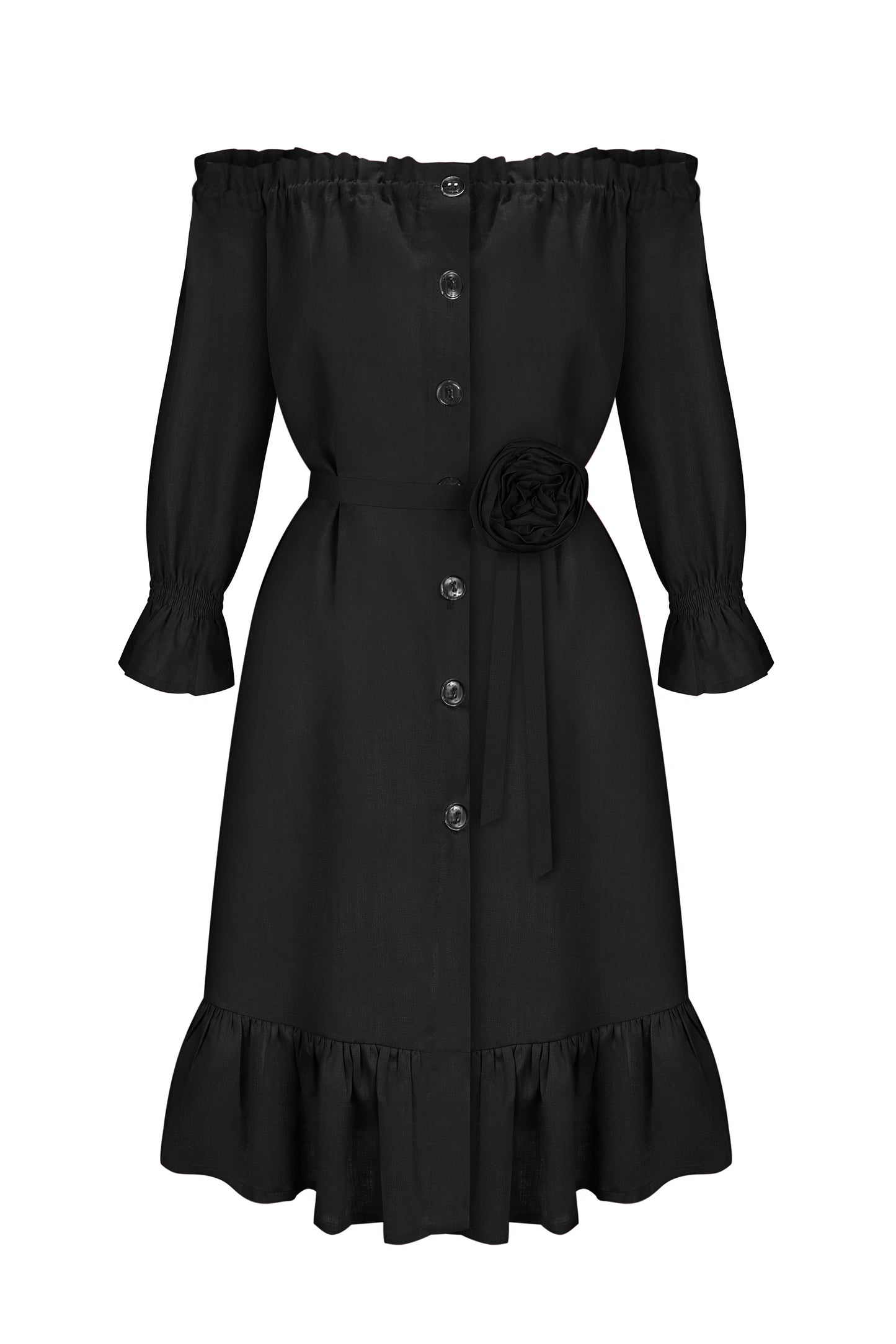 Lolita Linen Short Dress with Rose Detail in Black