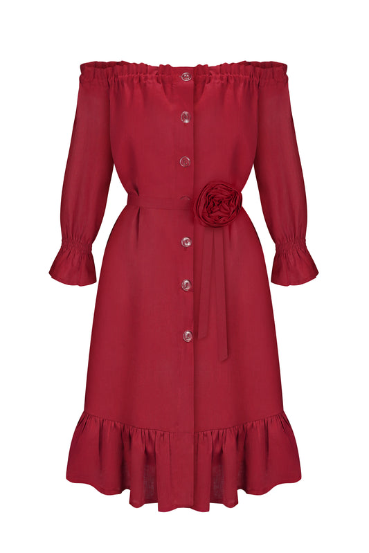 Lolita Linen Short Dress with Rose Detail in Red