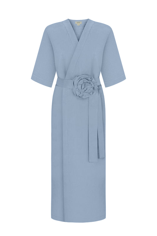 Women`s Linen Robe with Rose in Blue