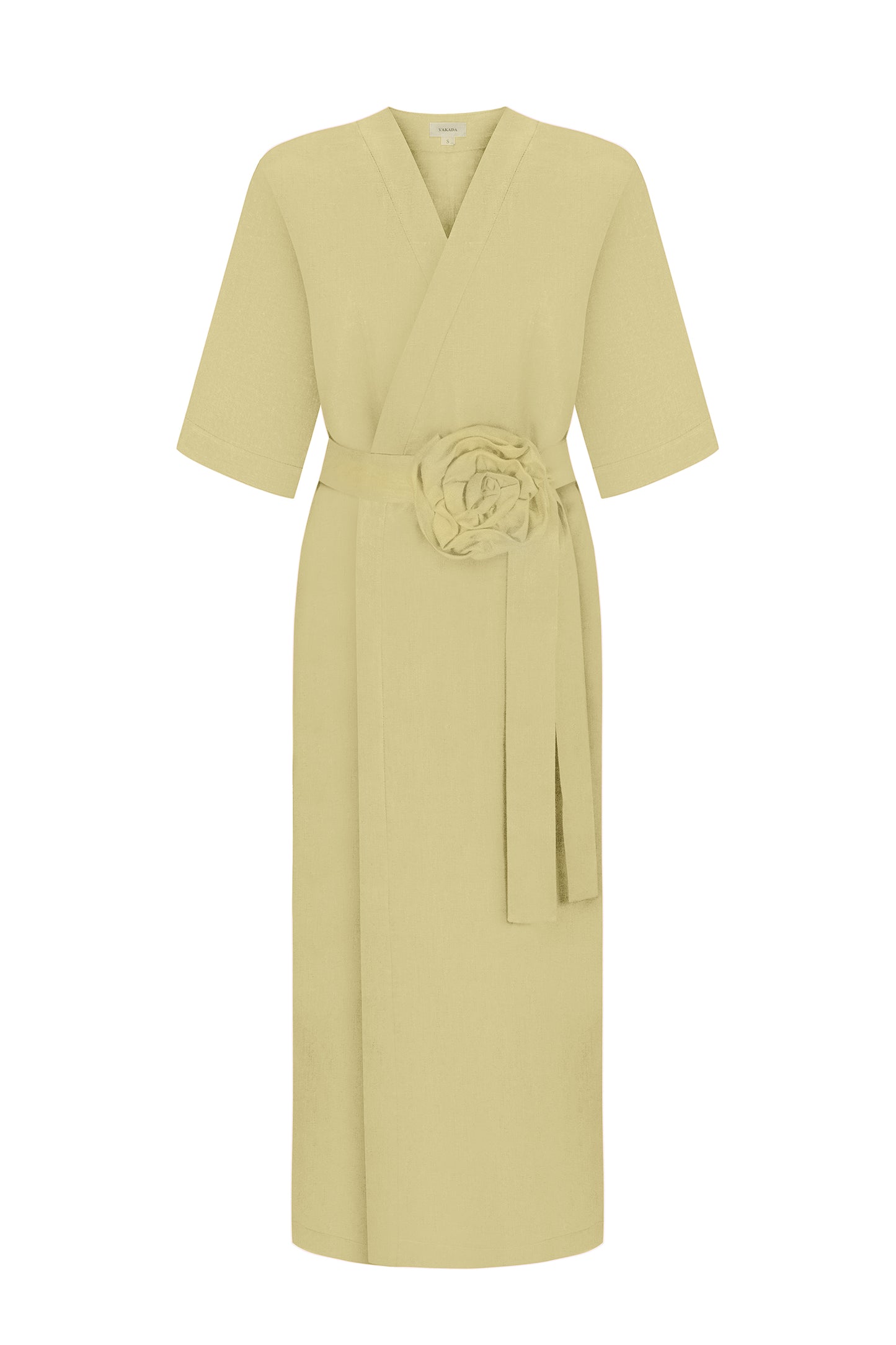 Women`s Linen Robe with Rose in Yellow