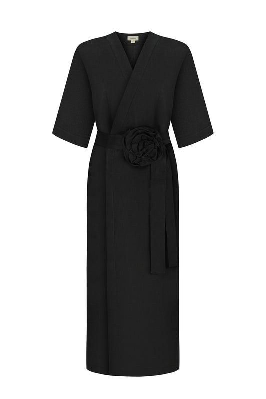 Women`s Linen Robe with Rose in Black