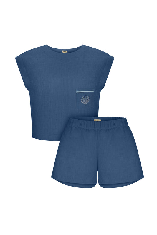 Women's Linen Pajama Set – Embroidered Shell Pocket Tee and Shorts in Blu Jeans