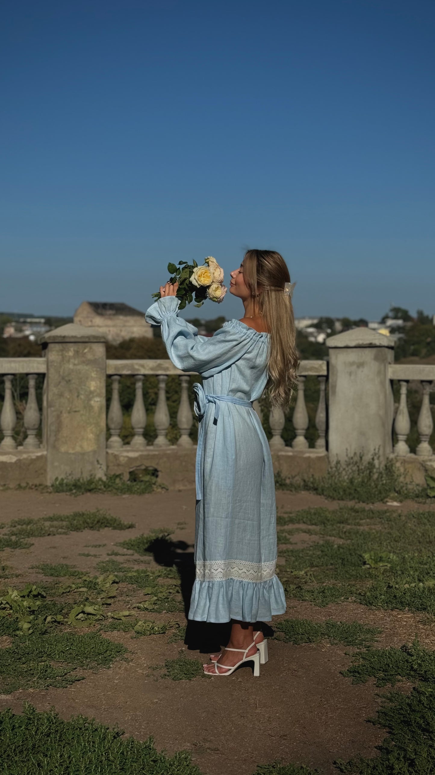 Lolita Linen Dress with Rose Detail in Yellow