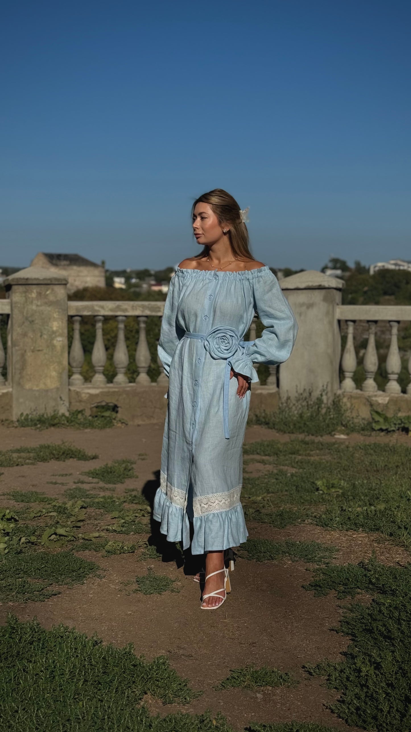 Lolita Linen Dress with Rose Detail in Yellow