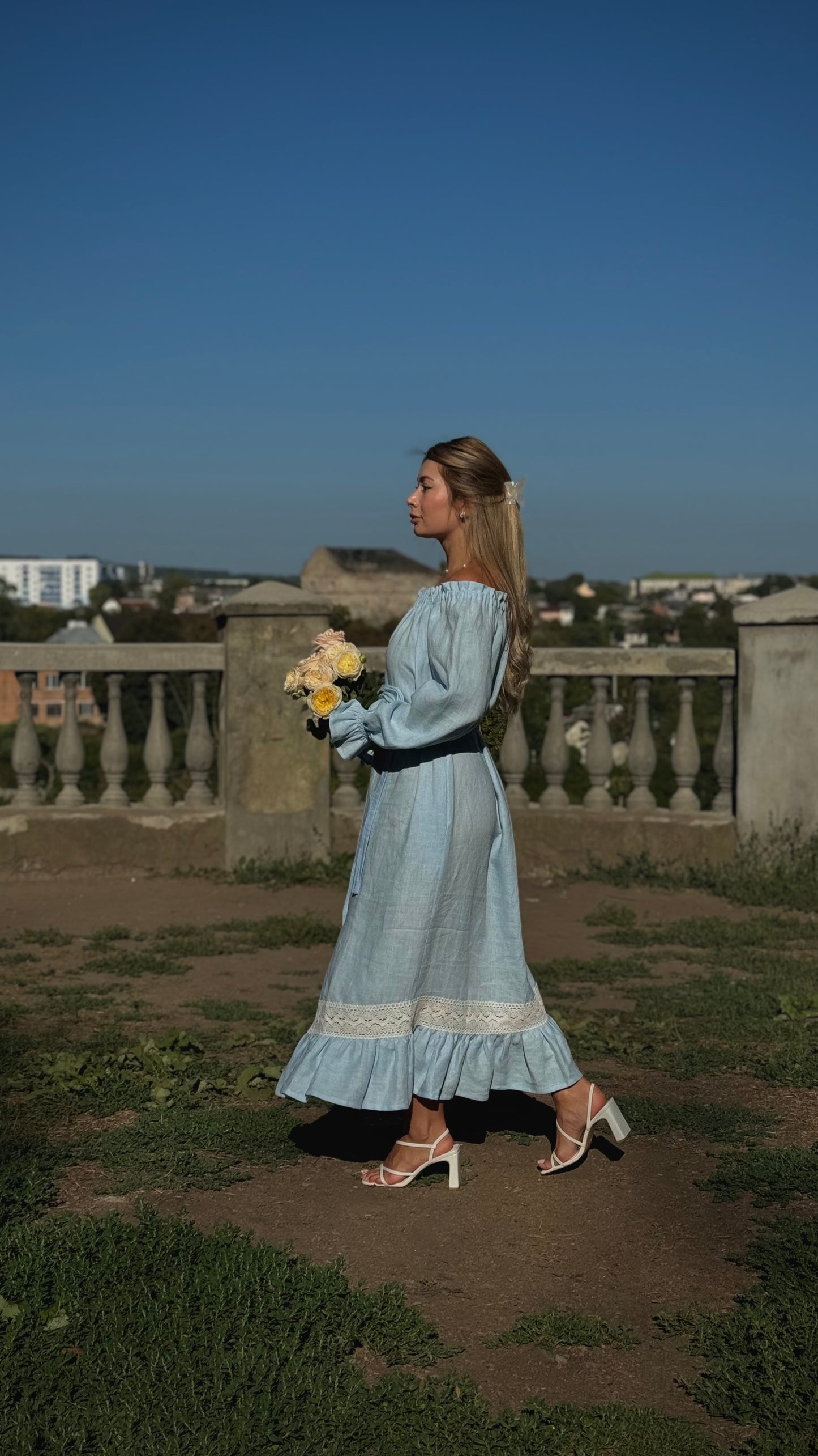 Lolita Linen Dress with Rose Detail in Yellow