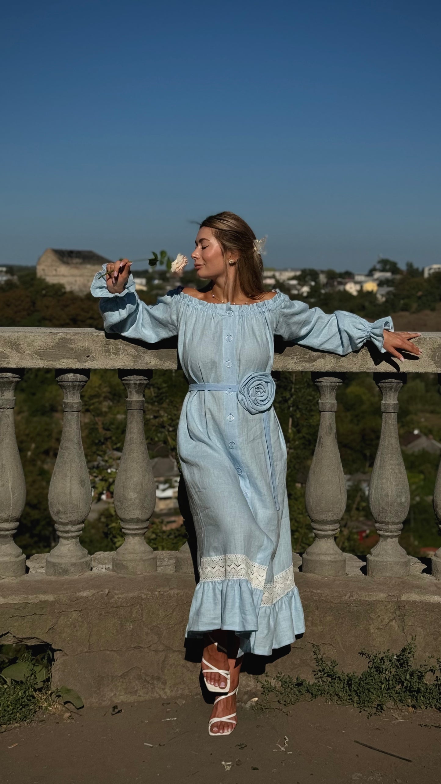 Lolita Linen Dress with Rose Detail in Yellow