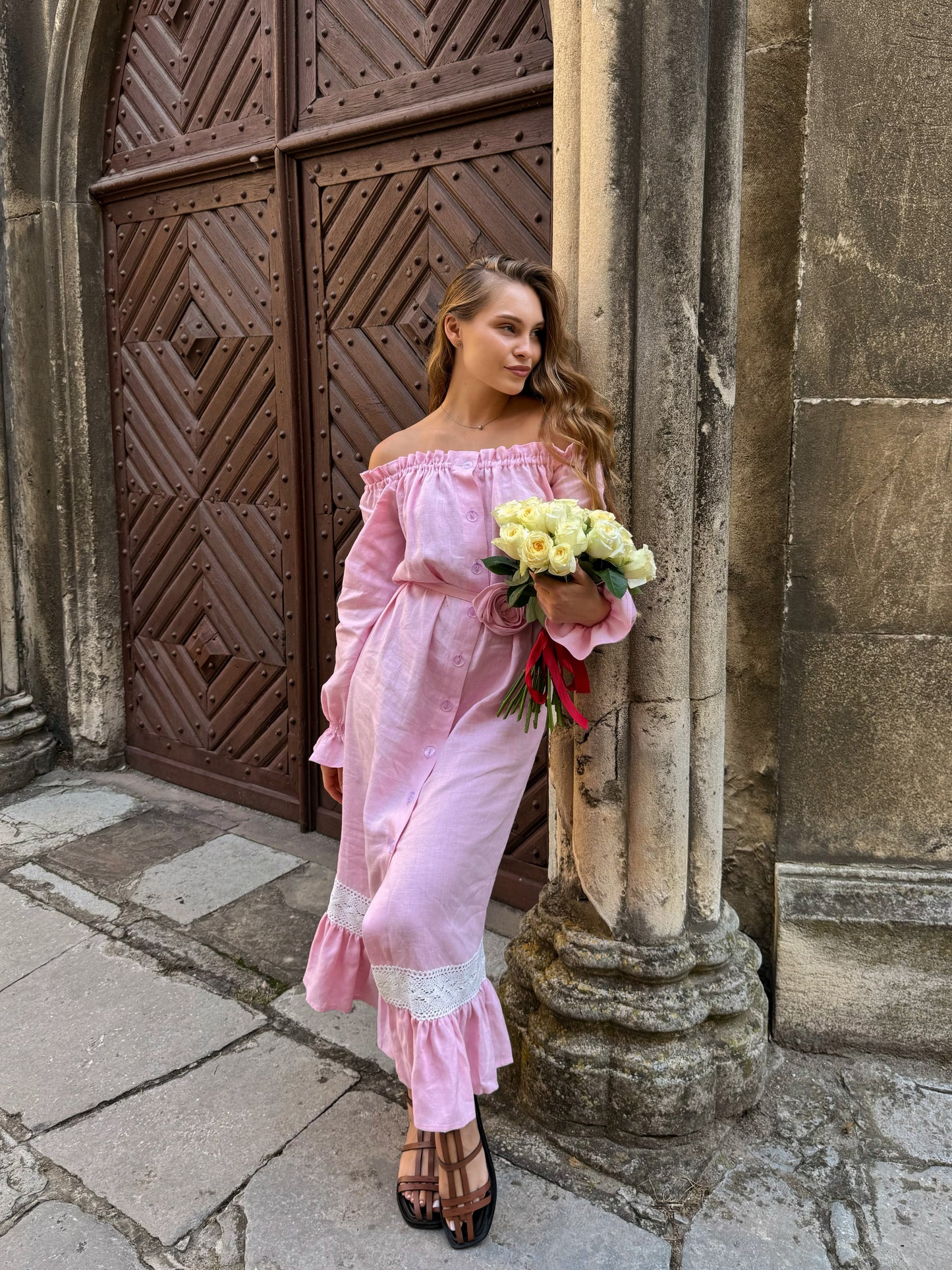 Lolita Linen Dress with Rose Detail in Pink