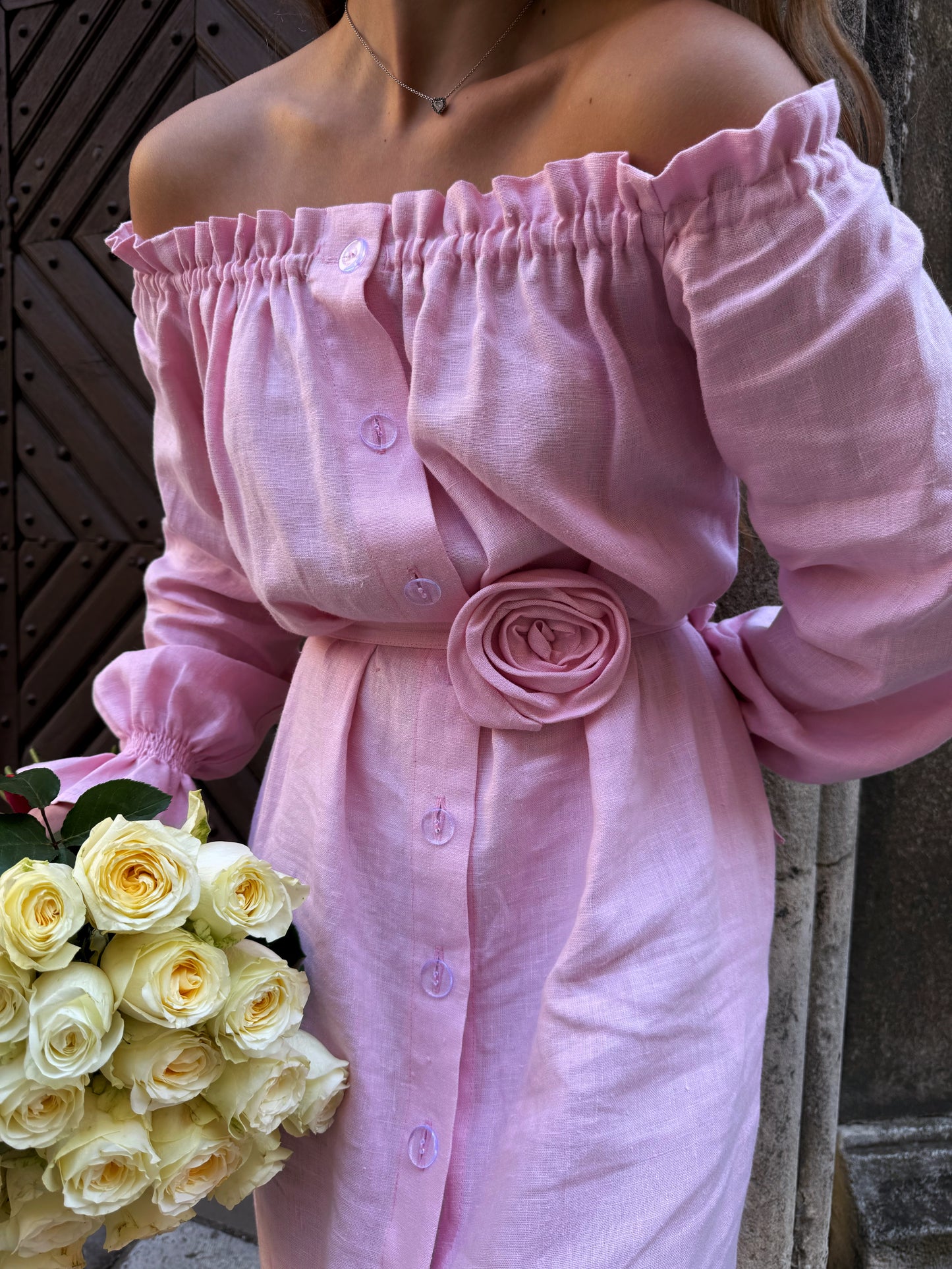 Lolita Linen Dress with Rose Detail in Pink