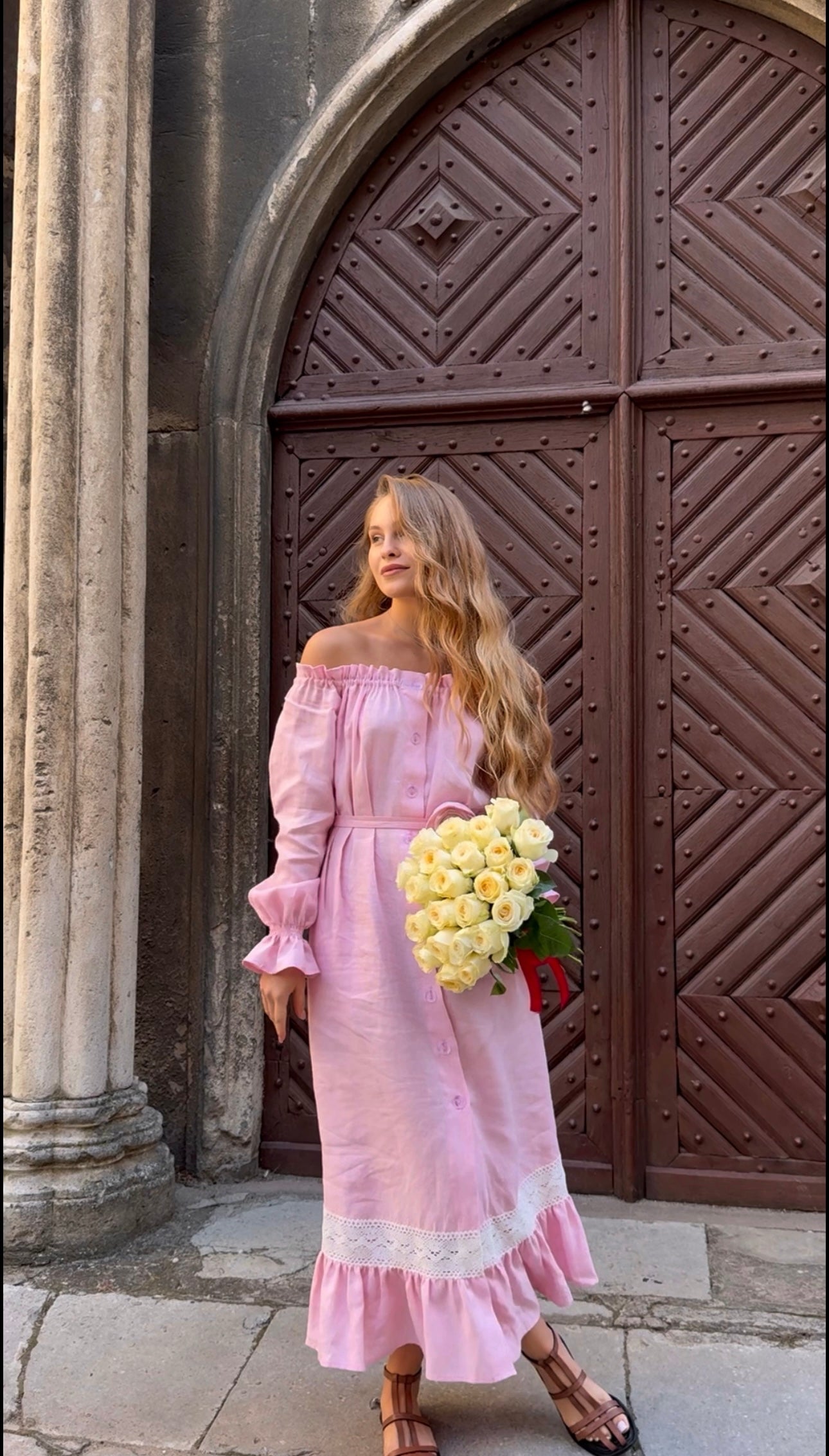 Lolita Linen Dress with Rose Detail in Pink