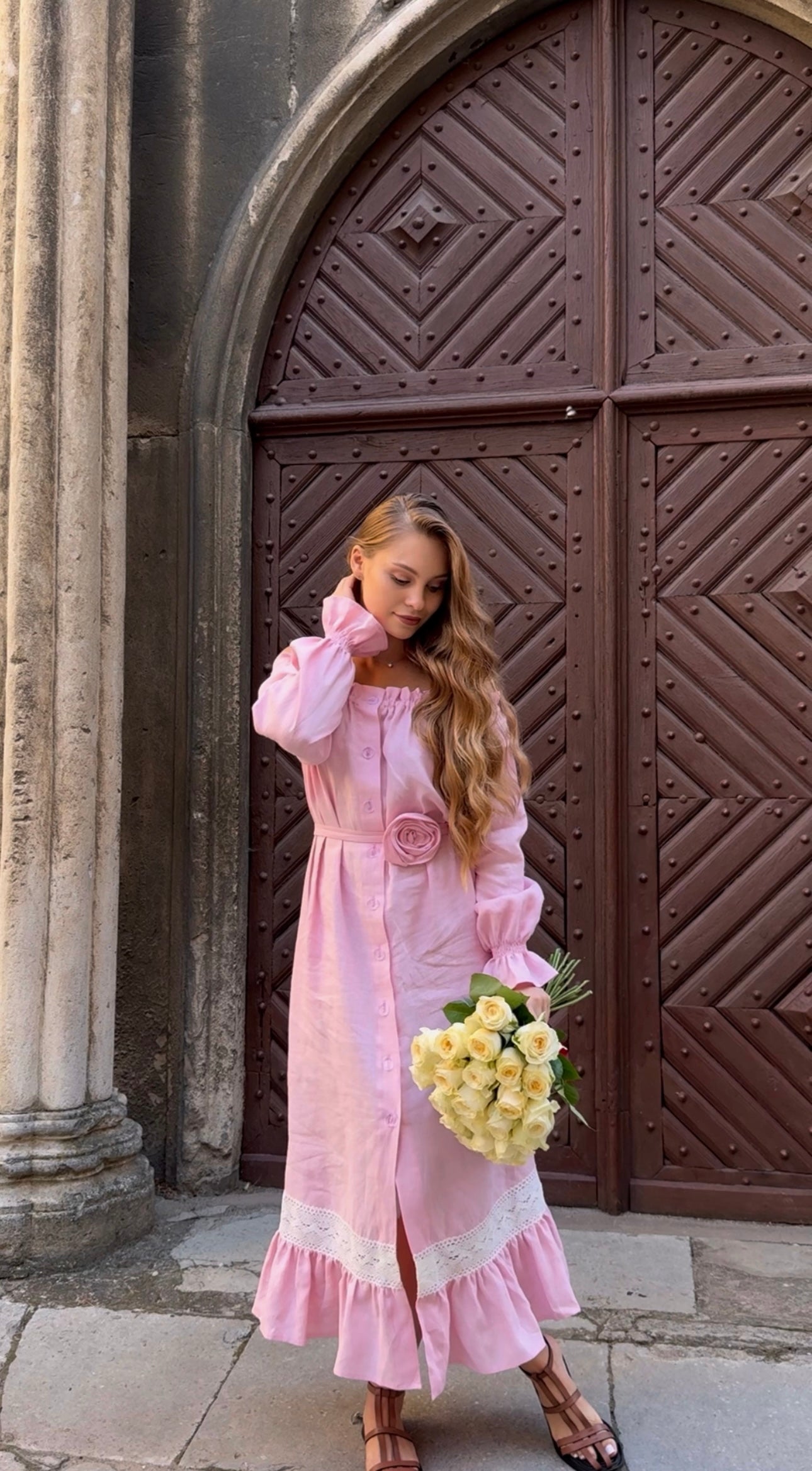 Lolita Linen Dress with Rose Detail in Pink