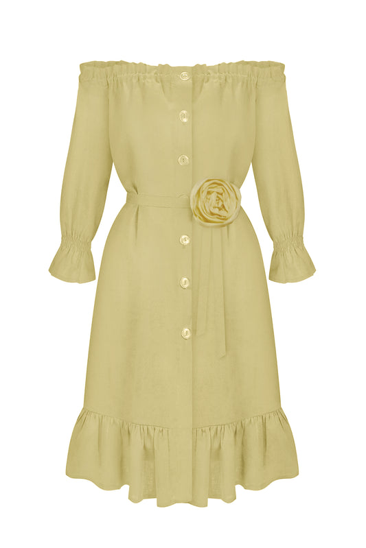 Lolita Linen Short Dress with Rose Detail in Yellow