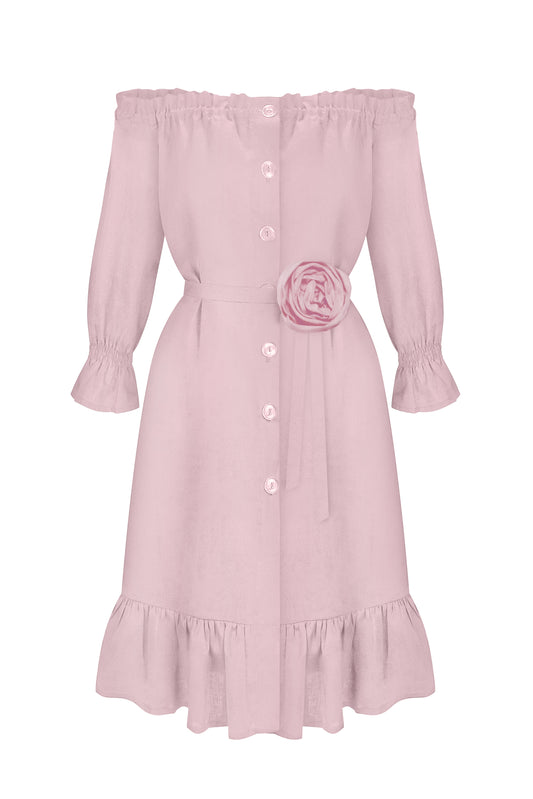 Lolita Linen Short Dress with Rose Detail in Pink