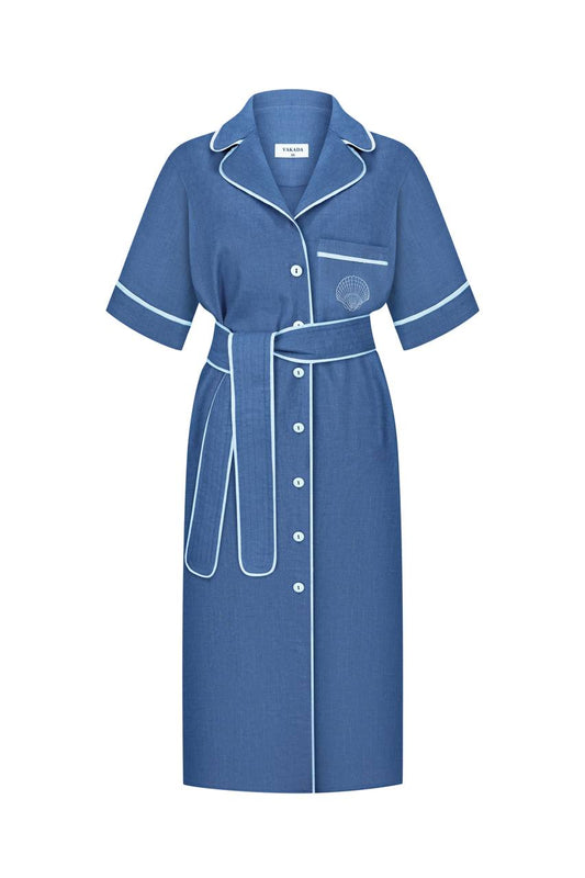 Embroidered Linen Dress With Short Sleeves in Blue Jeans