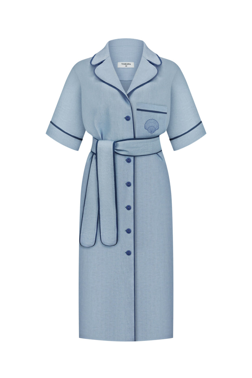 Embroidered Linen Dress With Short Sleeves in Blue