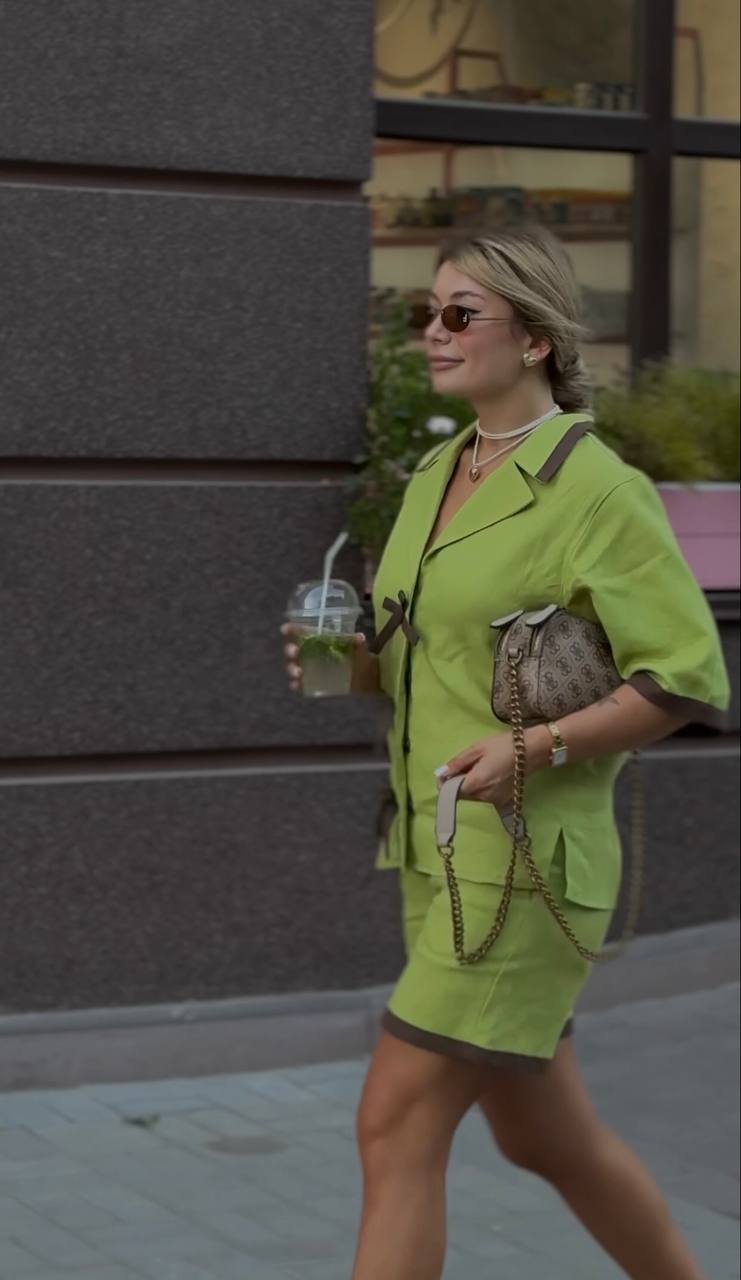 Light Green Women's Linen Shorts With Brown Trim