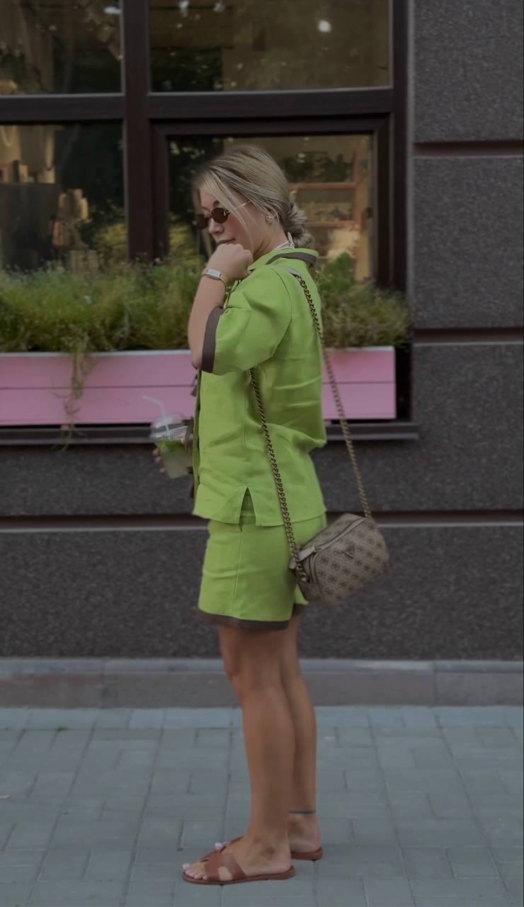 Light Green Women's Linen Short Sleeve Shirt With Bows